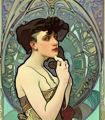 Image similar to portrait of a handsome non binary criminal lost in thought, by alphonse mucha, intense desire, high quality, high detail