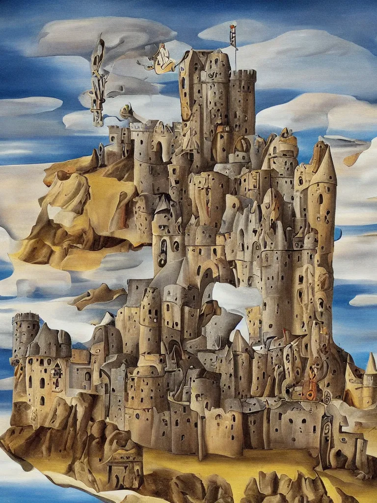 Prompt: a painting of a medieval castle alone on a flat empty plane painted in the style of Salvador Dali, surrealism