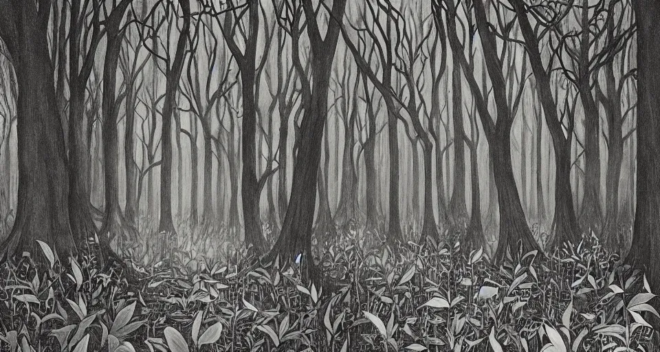 Image similar to A dense and dark enchanted forest with a swamp, by Charles Addams