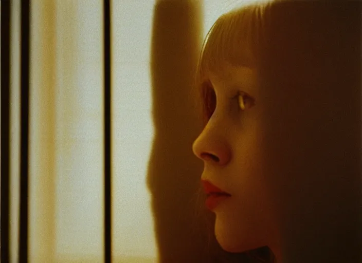 Prompt: close-up color film photography 1970s, long shot, young ginger woman in office with the shadow of the blinds on her face, soft focus, golden hour, soft light, 35mm, film photo, Joel Meyerowitz