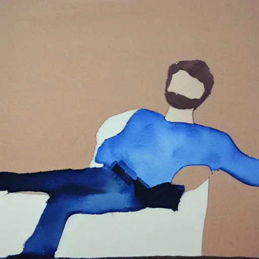 Prompt: a minimalist painting of a charming man reclined on a sofa. 1991. Watercolor and Acrylic on Paper