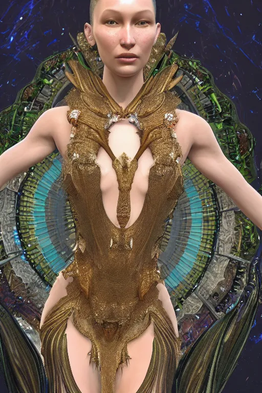 Prompt: a highly detailed render of a beautiful alien goddess bella hadid in iris van herpen dress schiaparelli in diamonds in style of alphonse mucha trending on artstation made in unreal engine 4