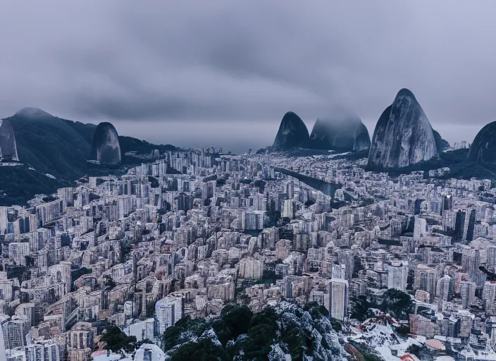 Prompt: rio de janeiro pao de acucar's view, city snowing with a lot of snow, medium shot, photography award photo, 4 k