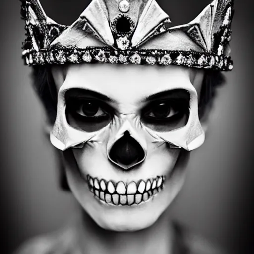 Image similar to skull queen with an origami crown, hints of silver jewelry, gothic, eerie, intricate detail, dramatic lighting, mist, grey, 8k