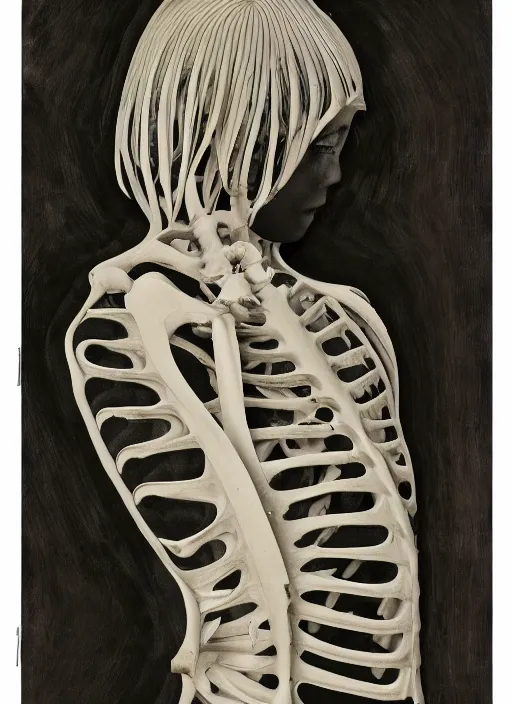 Prompt: a womans face in profile made of monstera leaves skeleton in the style of the dutch masters and gregory crewdson dark and moody