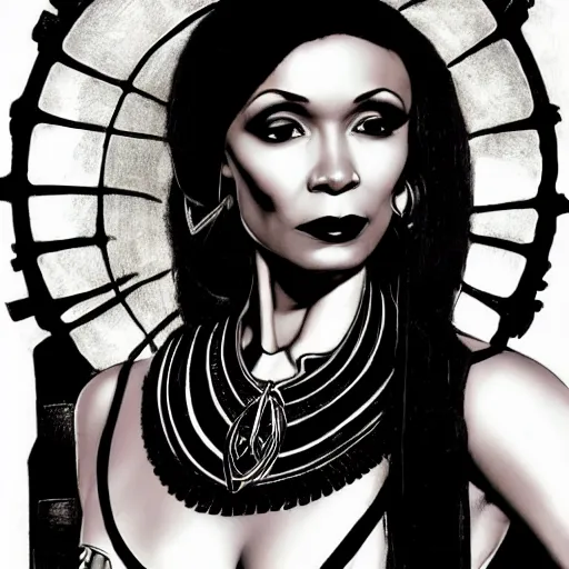 Prompt: thandiwe newton as the comic book character, death, a young and beautiful pale goth girl wearing a black vest and black punk hair, an ankh medallion hangs around her neck. dramatic makeup, the actress thandiwe newton, portrait by joshua middleton and coles phillips, kandinsky, egyptian iconography, film noir