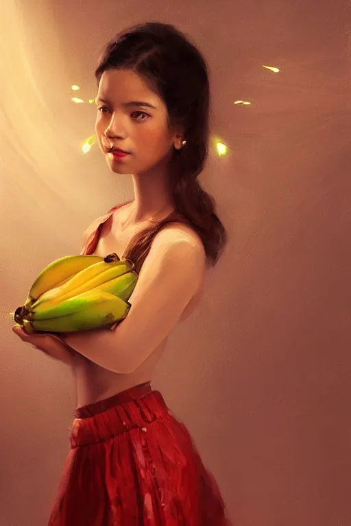 Prompt: portrait of mexican girl with a banana fruit skirt, staring directly into camera, intricate, elegant, glowing lights, highly detailed, digital painting, artstation, sharp focus, illustration, art by wlop, mars ravelo and greg rutkowski