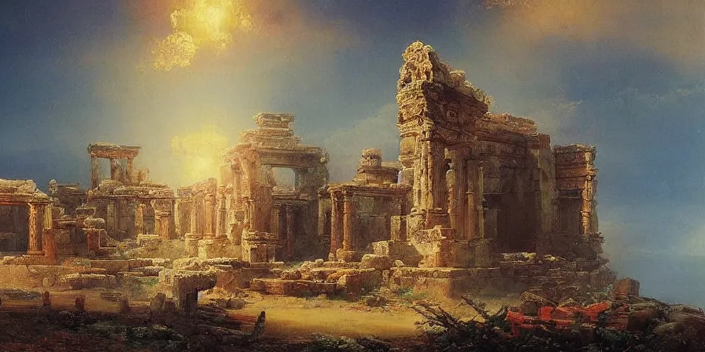 Image similar to big enormous ancient temple ruins beautiful artwork detailed painting by ivan aivazovsky