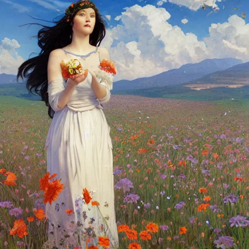 Image similar to A brunette lady in a meadow full of flowers, highly detailed, digital painting, artstation, concept art, smooth, sharp focus, illustration, ArtStation, art by artgerm and greg rutkowski and alphonse mucha and J. C. Leyendecker and Edmund Blair Leighton and Katsuhiro Otomo and Geof Darrow and Phil hale and Ashley wood and Ilya repin and Charlie Bowater