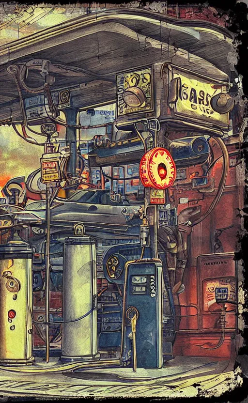 Image similar to steampunk gas station, closeup, gouache, sci - fi, cinematic