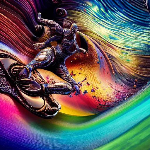 Prompt: surfing on multicolor waves, digital art, cosmic, 3 d high definition, trending on art station, photorealistic, high resolution, v 8 k, octane, hyper detailed, insane details, intricate, elite, ornate, elegant trend, highly detailed and intricate, sharp focus, photography, unreal engine