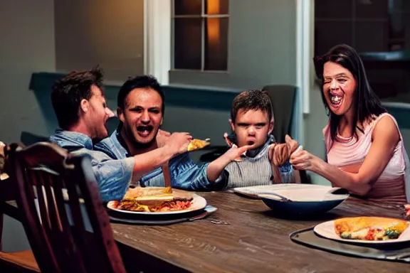 Image similar to a man taking a huge bite out of a table in the middle of dinner with his family