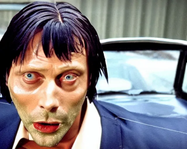 Prompt: Mads Mikkelsen as Vincent Vega in Pulp Fiction car scene movie