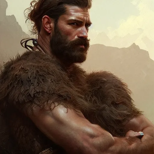 Image similar to portrait of a rugged ranger, muscular, upper body, hairy torso, D&D, fantasy, intricate, elegant, highly detailed, digital painting, artstation, concept art, matte, sharp focus, illustration, art by Artgerm and Greg Rutkowski and Alphonse Mucha