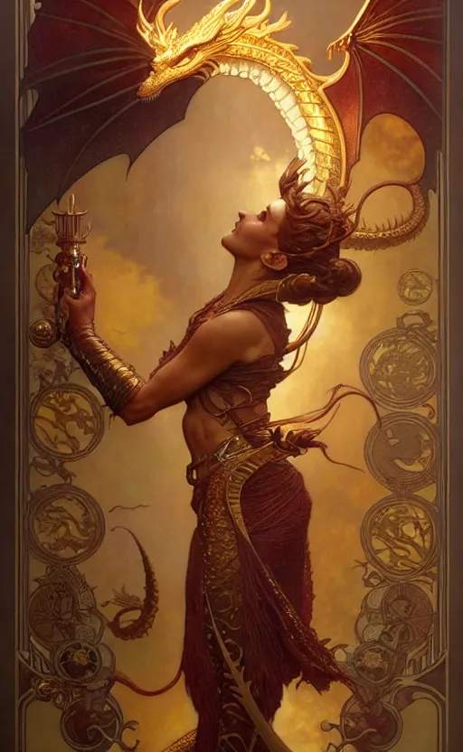 Image similar to magic gold dragon gorgeous lighting by weta studio, mucha, bautista and norman rockwell and greg rutkowski and tom bagshaw and james gurney and lucasfilm