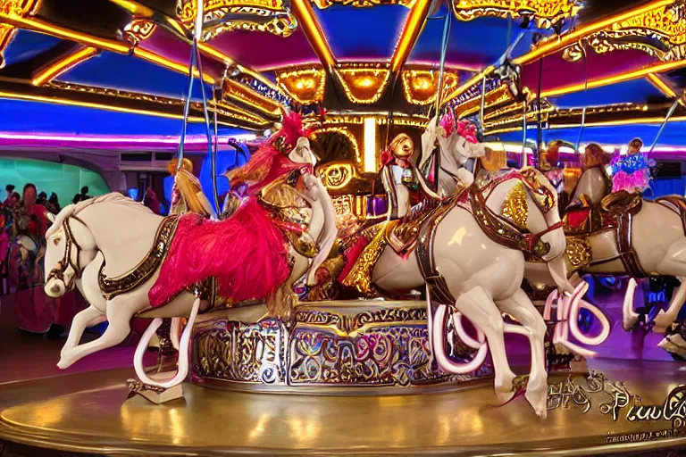 Prompt: professional photo drag queens riding carousel, las vegas show