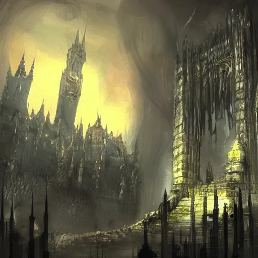 Prompt: a large fantasy city in darksouls, dark fantasy, digital painting