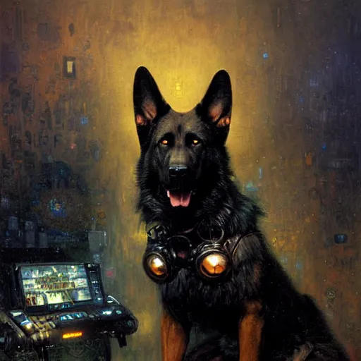 Image similar to a portrait of a black german shepard dogman canine viking with human eyes smiling holding computer console. shadowrun cyberpunk fantasy d & d highly detailed painting by gaston bussiere craig mullins jc leyendecker gustav klimt artgerm greg rutkowski