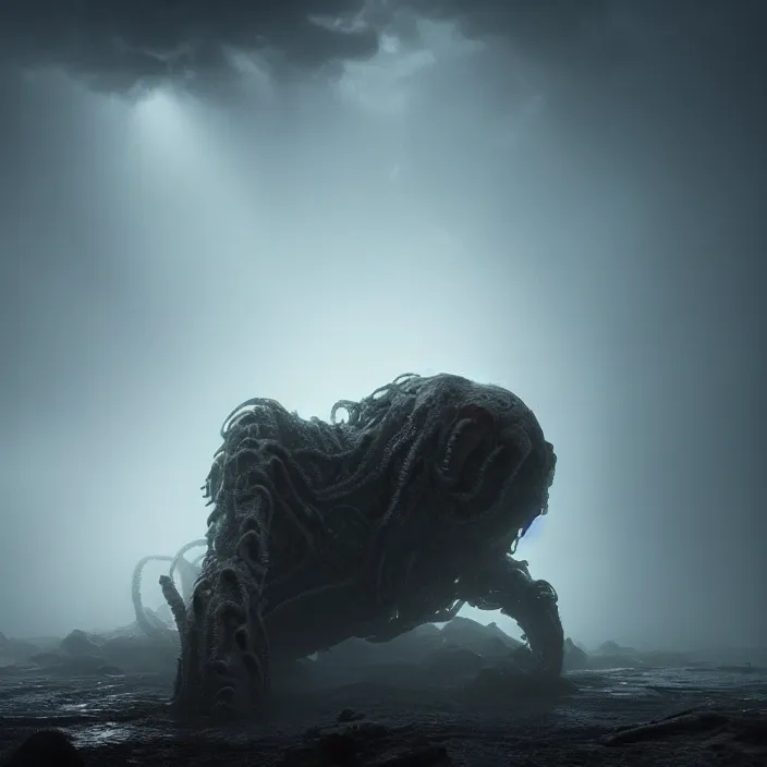 Image similar to a lovecraftian monster emerges out of the clouds, volumetric lighting, fog, atmospheric, high resolution, rendering, octane, redshift