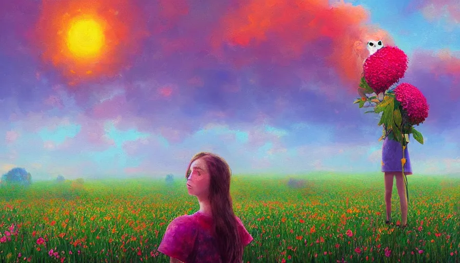 Image similar to girl with a giant flower as a face, surreal photography, dream, standing in flower field, hills, big trees, sunrise dramatic light, impressionist painting, colorful clouds, digital painting, pointillism, artstation, simon stalenhag, flower face