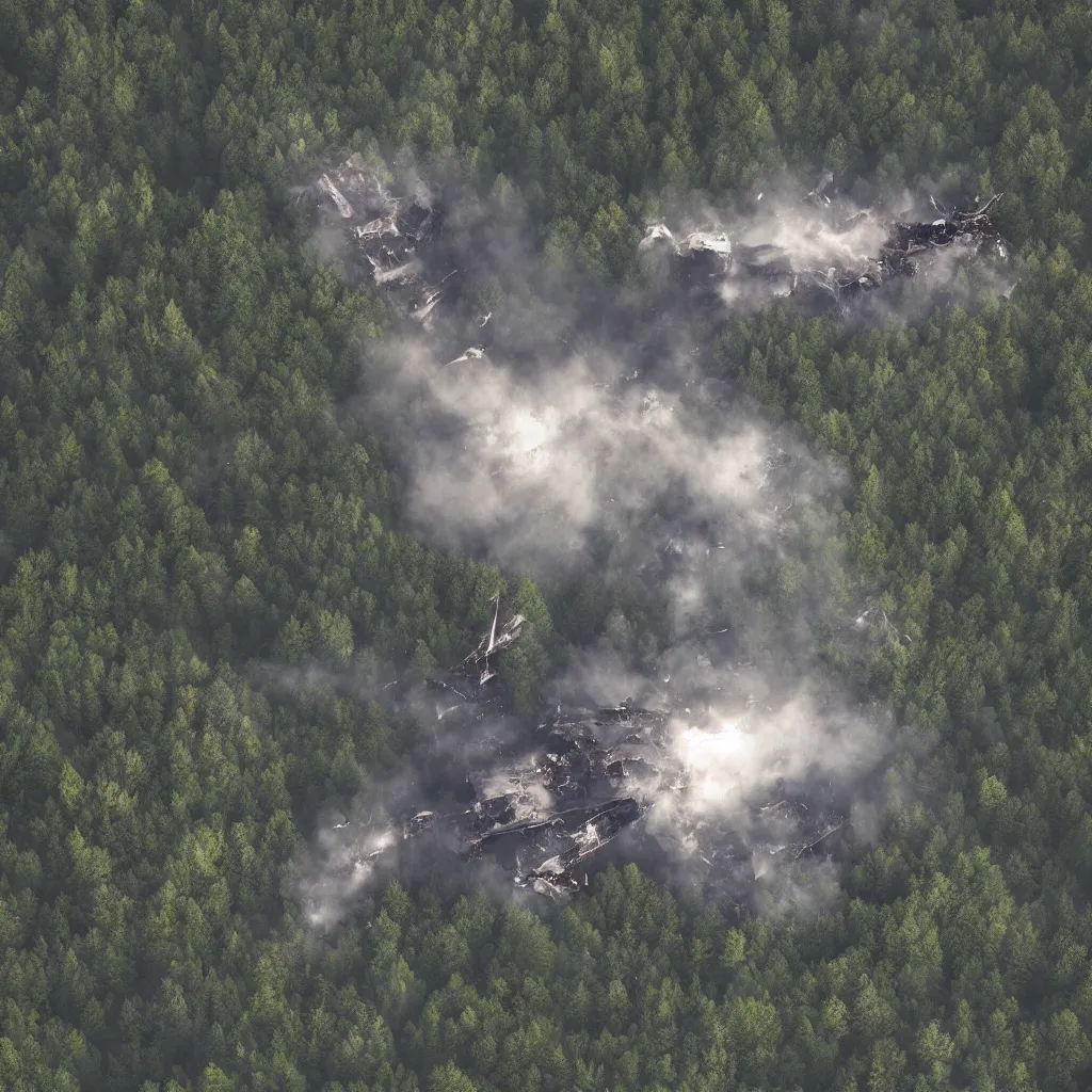 Image similar to wreckage of a large spaceship crashed in the middle of a German forest, aerial view, photorealistic, concept art, mist, atmospheric, NASA