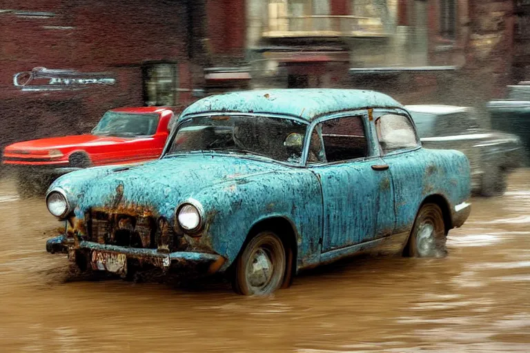 Prompt: street photography by saul leiter, in a muddy new york high quality street, award winning photo of an ultra detailed dirty high quality vintage chevrolet car speeding very fast on mud, fast shutter speed, motion blur, tiny gaussian blur, highly detailed, highly intricate, depth of field, trending on top gear