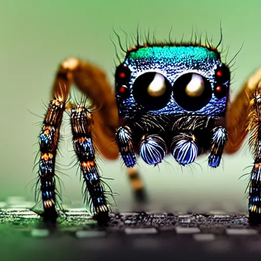 Prompt: a jumping spider pressing tiny keyboard keys tiny, by pixar, macro lens, iridescent, character concept art