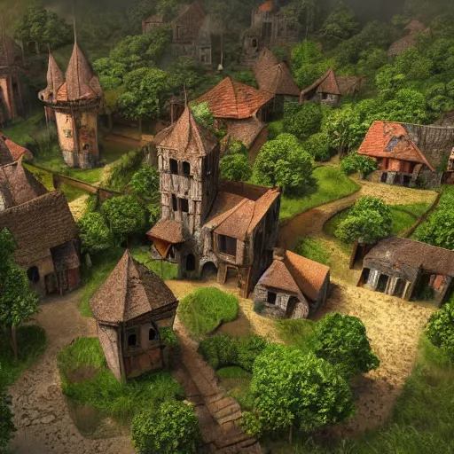 Image similar to medieval village in the middle of lush forest, highly detailed, rim light, art, cinematic lighting, very coherent, hyper realism