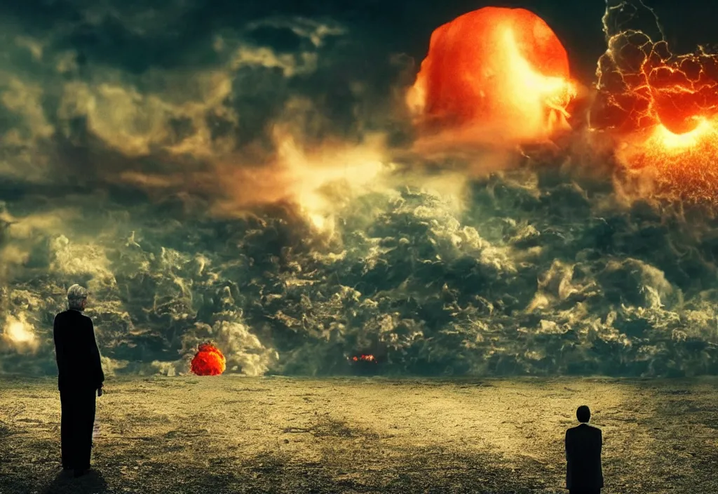 Image similar to old man with ( black cat ) watching nuke explosion cinematic, background blur bokeh, world ending nuke, 4 k