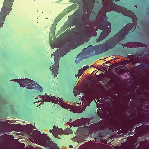 Prompt: woman diving in, an alien aquarium, kelp, coral, solar rays, cyberpunk, realistic, detailed, Industrial Scifi, paint, watercolor, in the style of Ashley Wood and Wadim Kashin