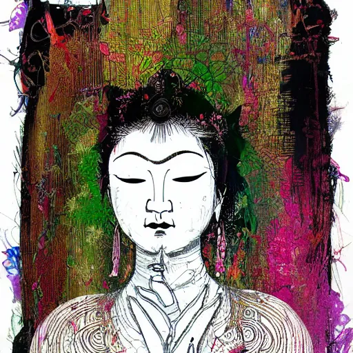 Image similar to contented female bodhisattva, praying meditating, portrait illustration by Carne Griffiths