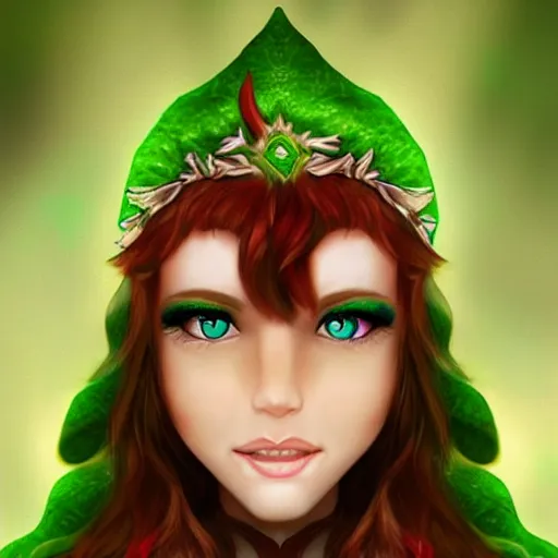 Image similar to elf druid, feminine, smiling, freckles, green eyes, red hair, tall