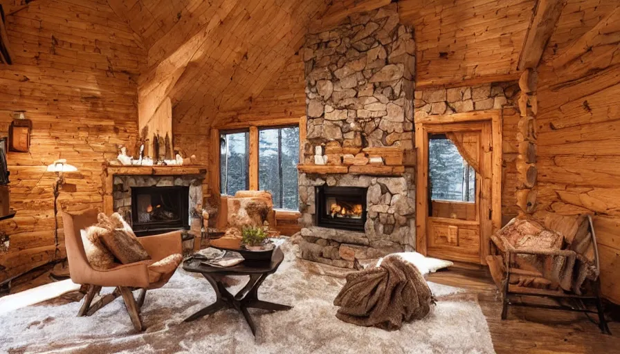 Image similar to empty interior of cozy, rustic small cabin, warm, outside winter landscape