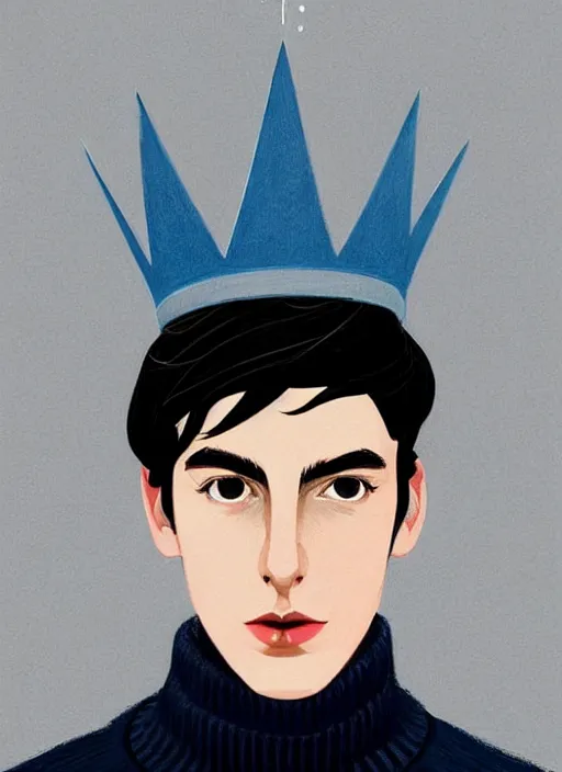 Image similar to portrait of teenage jughead jones wearing a light grey crown, crown, blue turtleneck, 1 9 5 0 s, closed eyes, photorealistic, black hair, glowing lighting, intricate, elegant, glowing lights, highly detailed, digital painting, artstation, concept art, smooth, sharp focus, illustration, art by wlop, mars ravelo and greg rutkowski