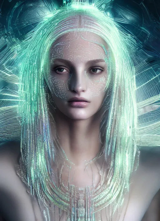 Image similar to beauteous goddess sumptuous face, with incredible iridescent pearlescent voluminous fluorescent neon laser beam hair, delicate crystalline masterpiece incrustations, by h. r. giger, hyperdetailed face, elegant pose, movie still, intricate, octane render, cinematic forest lighting, unreal engine, crepuscular rays, god rays