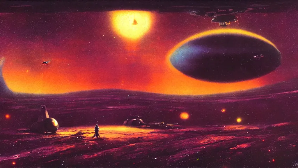 Image similar to eerie atmospheric alien planet with a small dropship pod landing by paul lehr and jack gaughan and john schoenherr, epic cinematic matte painting