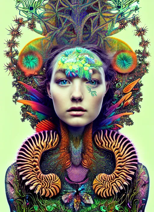 Prompt: ridiculously beautiful young woman tripping, psychedelics, forest creatures, insects, birds, symmetrical, in the style of ernst haeckel, effervescent, warm, hyperrealism, photo realistic, epic and cinematic,