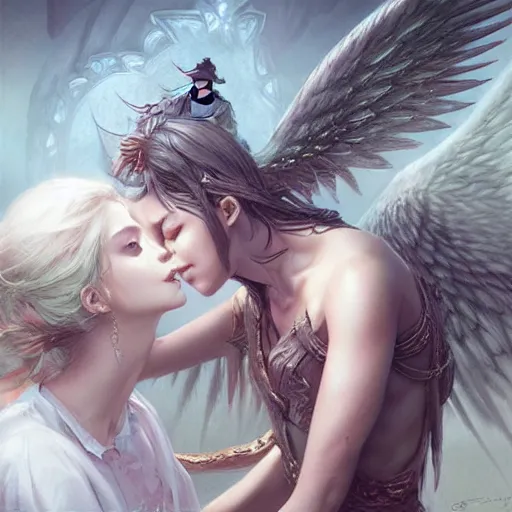 Image similar to 3d rendering, a demon girl and a angel girl kissing, fantasy, intricate, elegant, highly detailed, digital painting, artstation, concept art, art by artgerm and greg rutkowski