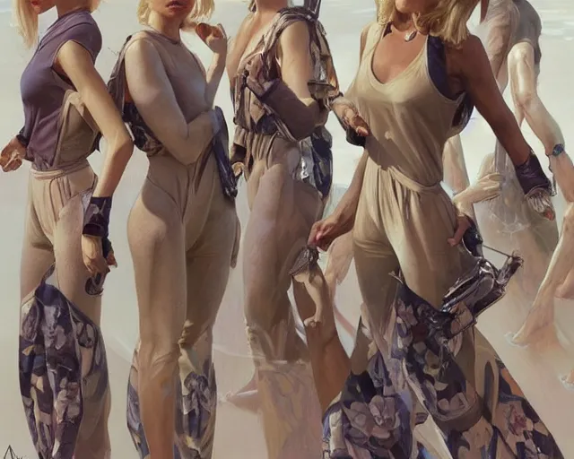 Prompt: a crowd of blonde clones wearing jump suits, vivid eyes, beach, real life skin, intricate, elegant, highly detailed, artstation, concept art, smooth, sharp focus, art by artgerm and greg rutkowski and alphonse mucha