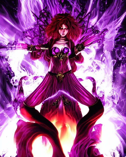 Image similar to pyromancer devil girl cover in purple death flames, deep pyro colors, purple laser lighting, award winning photograph, radiant flares, intricate, various refining methods, micro macro autofocus, evil realm magic painting vibes