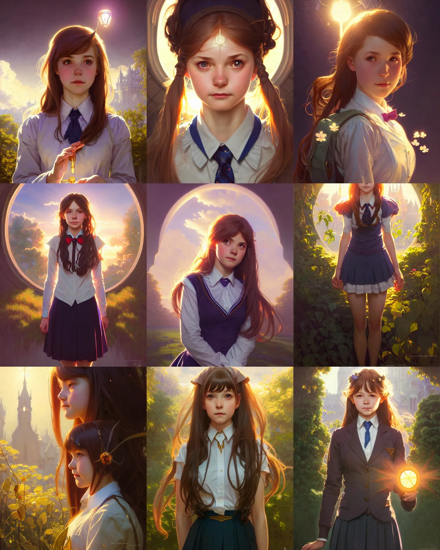 Prompt: portrait of an innocent lost college girl, magic school uniform, fantasy building, intricate, sharp focus, lens flare, bloom, rim light, illustration, highly detailed, digital painting, concept art, matte, art by wlop and artgerm and greg rutkowski and alphonse mucha, masterpiece