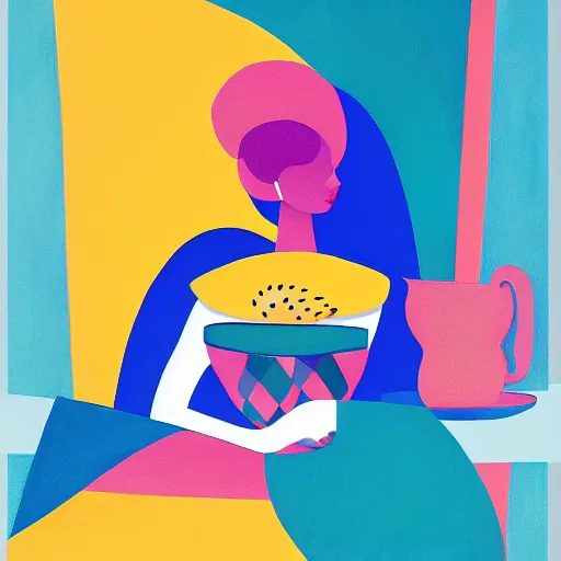 Prompt: beautiful lady, drinking tea, fruit basket, painting,, clean shapes, print, pastel colors, ink lines, markus gunnar, konstfack