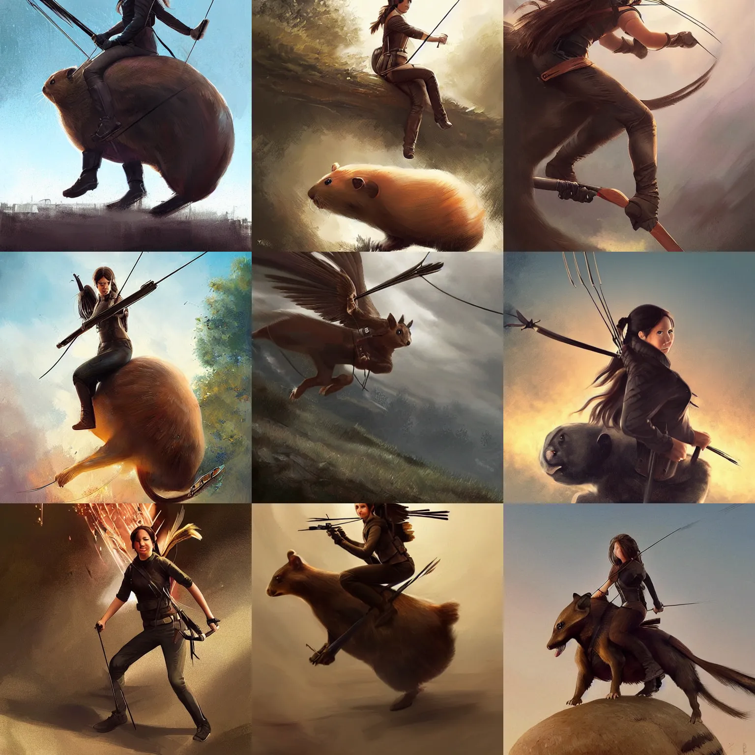 Prompt: katniss everdeen rides a giant hamster, digital art by greg rutkowski