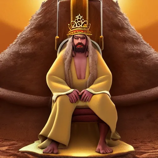 Image similar to a man with a crown on his head, dressed in a robe, sitting on a throne, in the desert, in the background a thunderstorm, pixar, artstation, high detailed,