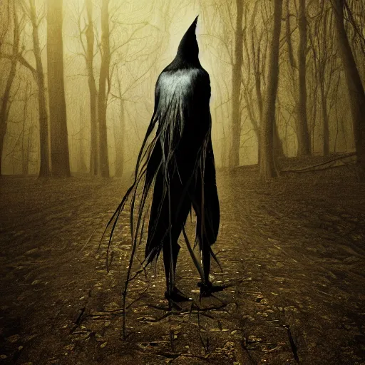 Image similar to crowman, mixture of a crow and human, werecrow, photograph captured in a dark forest