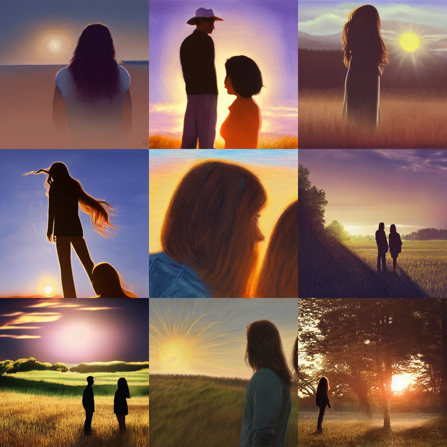 Prompt: long shot landscape young man and woman with long brown hair silhouette, sun rise, hyperrealism, soft lighting