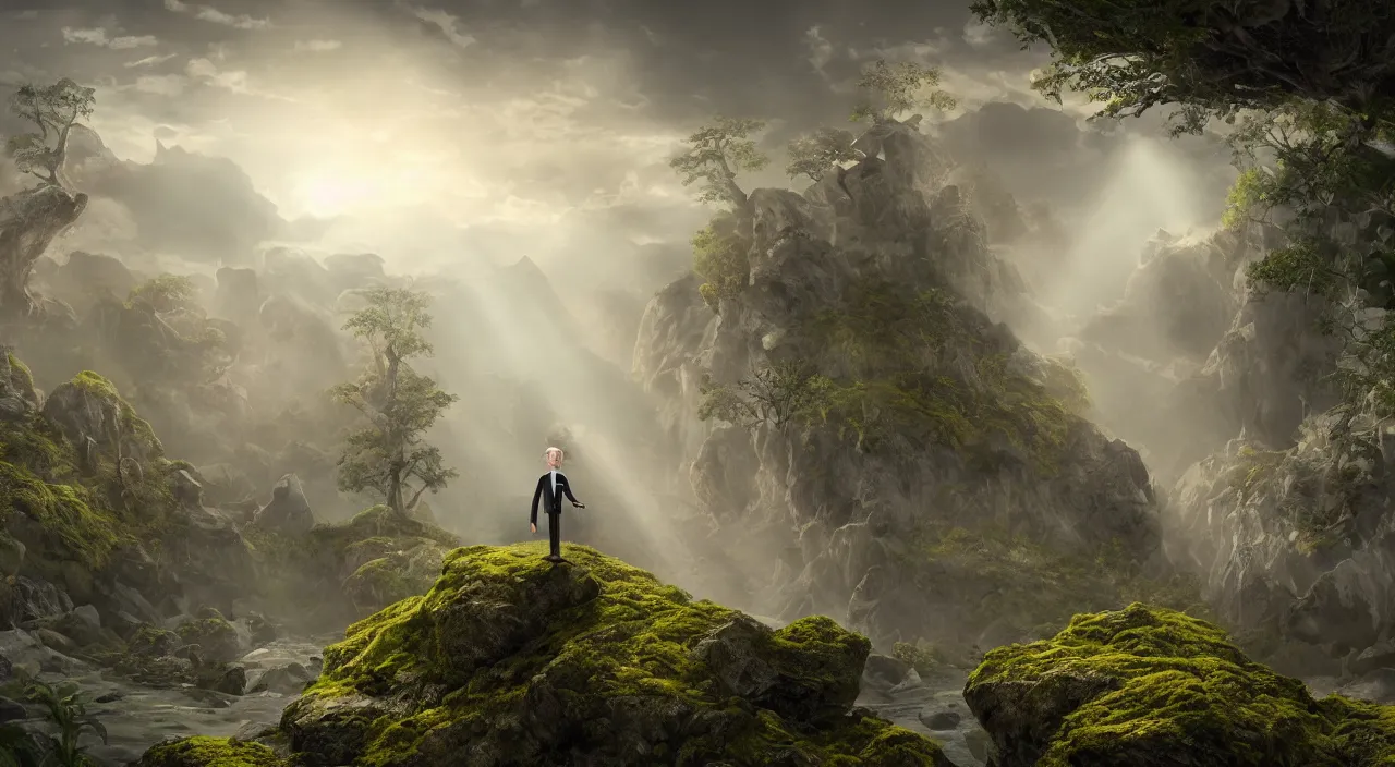 Image similar to photorealistic matte painting of mr burns of the simpsons standing far in misty overgrowth undergrowth jagged rock features volumetric fog light rays high contrast dawn