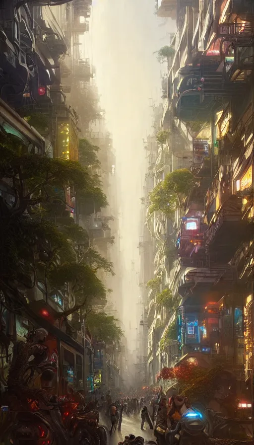 Prompt: hyper realistic cyberpunk city, busy crowded market street overtaken by lush plants, gnarly trees by tom bagshaw, mucha, gaston bussiere, craig mullins, j. c. leyendecker 8 k