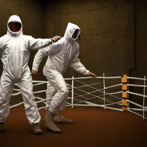 Image similar to wrestlers wearing hazmat suits backyard cage wrestling, hyper realism, cinematic, volumetric lighting, epic composition, high detail, octane render, unreal engine, ray tracing, apocalyptic, intricate complexity, extremely detailed, very sharp,