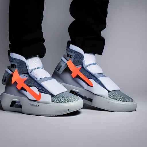 Image similar to a studio photoshoot of Nike Air Mag x Off-white sneakers designed by Virgil Abloh, leather and transparent knitted mesh material, glowing light outsole, realistic, color film photography by Tlyer Mitchell, 35 mm, Graflex